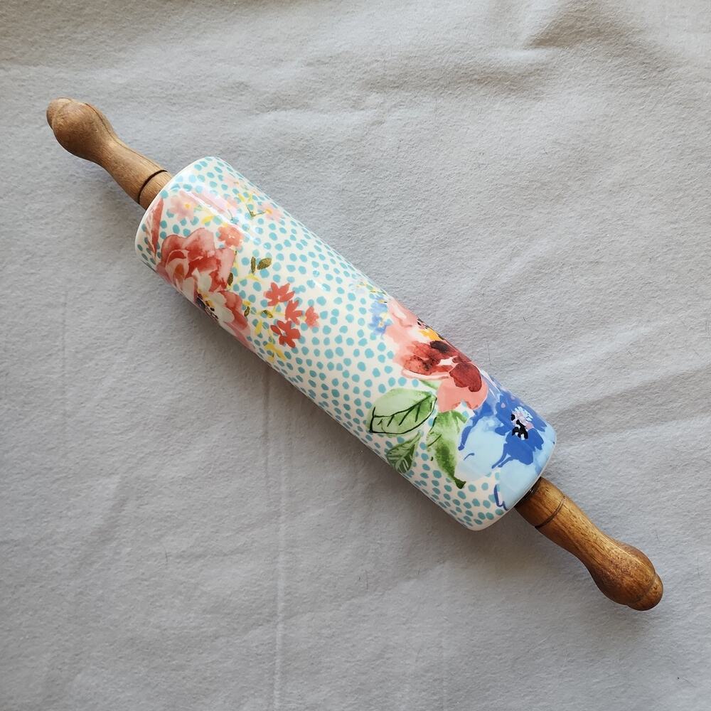 Pioneer Woman Rolling Pin Spring Melody Ceramic Floral Acacia Wood Handles 18in - Picture 2 of 8